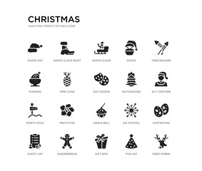 Obraz premium set of 20 black filled vector icons such as deer horns, easter egg, elf costume, firecracker, fun hat, gift box, pudding, santa, santa claus, santa claus boot. christmas black icons collection.