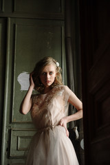 Fototapeta premium Young woman posing in a pink tender light long dress indoors