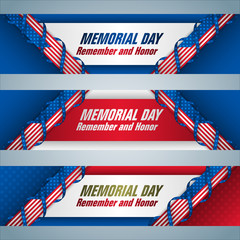 Set of web banners design, background with texts and national flag colors for U.S. Memorial day event, celebration; Vector illustration