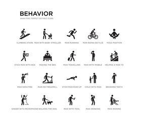 set of 20 black filled vector icons such as man ironing, brushing teeth, helping a man to climb, yoga position, man drinking, with tool, stick with box, riding bicylce, running, with baby stroller.