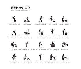 set of 20 black filled vector icons such as watering plants, man falling, prune hedge, man wirth carry, carry garbage, man with banner, stick excersicing, and dog, stick running, cycling. behavior
