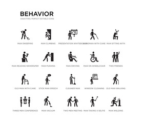 Naklejka premium set of 20 black filled vector icons such as man welding, old man walking, two friends, man sitting with headache, taking a selfie, two men meeting, reading newspaper, blindman with cane,