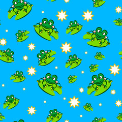 Obraz premium Seamless Pattern with Green Frog in Caricature Cartoon Style on the Green Leaf. Cute Cartoon Animals Background