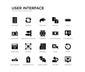 set of 20 black filled vector icons such as navigator, history, voice message, minus, add user, bubble speech, lowercase, new file, next page, retweet. user interface black icons collection.