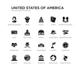 set of 20 black filled vector icons such as american native, pumpkin pie, american civil war, slavery in the united states, pacific ocean, federalism, movie, casino, capitol, indian. united states - obrazy, fototapety, plakaty