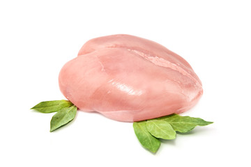 Raw chicken breast fillets (skinned),  bay leaves , isolated on white with clipping path