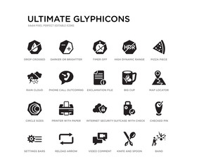 set of 20 black filled vector icons such as band, checked pin, map locator, pizza piece, knife and spoon crossed, video comment, rain cloud, high dynamic range imaging, timer off, darker or