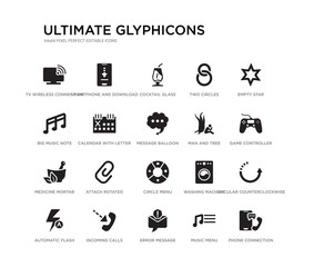 set of 20 black filled vector icons such as phone connection, circular counterclockwise arrows, game controller cross, empty star, music menu, error message, big music note, two circles, cocktail