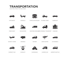 set of 20 black filled vector icons such as airport shuttle, automobile, caboose, cabriolet, camper car, catamaran, ferry boat, flatbed lorry, funicular railway, gondola. transportation black icons