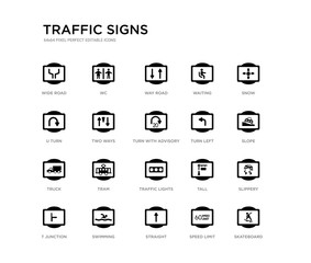 set of 20 black filled vector icons such as skateboard, slippery, slope, snow, speed limit, straight, u turn, waiting, way road, wc. traffic signs black icons collection. editable pixel perfect