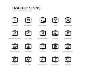 set of 20 black filled vector icons such as no entry, no mobile phone, no parking, stopping, straight, turn right, right reverse bend, road, road work, roundabout. traffic signs black icons