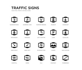 set of 20 black filled vector icons such as forbidden, gas station, gasoline, handicap, highway, hill, motorway, museum, narrow bridge, narrow lane. traffic signs black icons collection. editable