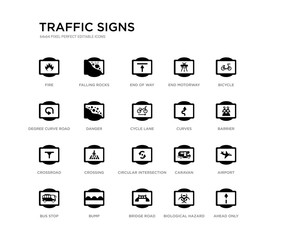 set of 20 black filled vector icons such as ahead only, airport, barrier, bicycle, biological hazard, bridge road, degree curve road, end motorway, end of way, falling rocks. traffic signs black