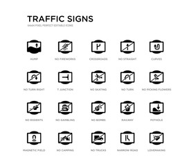 set of 20 black filled vector icons such as lovemaking, pothole, no picking flowers, curves, narrow road, no trucks, no turn right, straight, crossroads, fireworks. traffic signs black icons