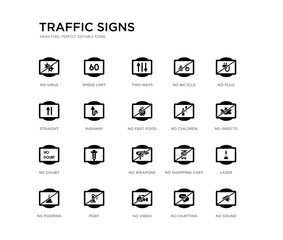 set of 20 black filled vector icons such as no sound, laser, no insects, no plug, chatting, video, straight, bicycle, two ways, speed limit. traffic signs black icons collection. editable pixel