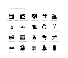 set of 20 black filled vector icons such as spool, ironing board, knitting neddles, pincushion, thimble, wool, glue stick, hot glue, jeans pocket, new sewing machine. sew black icons collection.