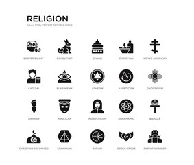 set of 20 black filled vector icons such as pastafarianism, bahã¡ ã­, gnosticism, native american sun, greek cross, sufism, cao dai, christian, diwali, doi suthep. religion black icons collection.