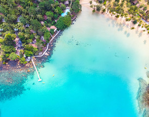 Aerial view of tropical beach at island hotel resort with blue sea water and coconut palm trees, beautiful summer vacation holidays destination, drone top-down panorama