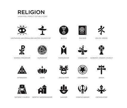 set of 20 black filled vector icons such as catholicism, shiva, aaronic order church, celtic cross, confucianism, sikhism, nordic paganism, chi rho, wicca, united church of christ. religion black