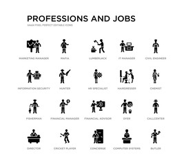 set of 20 black filled vector icons such as butler, callcenter, chemist, civil engineer, computer systems analyst, concierge, information security analyst, it manager, lumberjack, mafia. professions