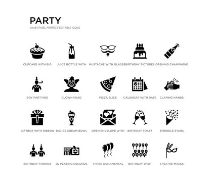 set of 20 black filled vector icons such as theatre masks, sprinkle stars, claping hands, opening champagne bottle, birthday wish, three ornamental balloons, boy partying, birthday pictures,