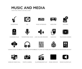 set of 20 black filled vector icons such as movie player play button, newspaper report, television screen off, dvd disc, image archive, clapperboard play button, charging plug, amplifier, music
