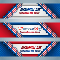 Set of web banners design, background with texts and national flag colors for U.S. Memorial day event, celebration; Vector illustration