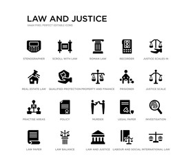set of 20 black filled vector icons such as international law, investigation, justice scale, justice scales in hand, labour and social law, law and justice, real estate recorder, roman scroll with