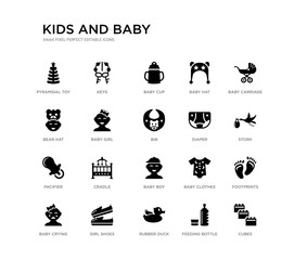 set of 20 black filled vector icons such as cubes, footprints, stork, baby carriage, feeding bottle, rubber duck, bear hat, baby hat, baby cup, keys. kids and black icons collection. editable pixel