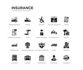 set of 20 black filled vector icons such as transport, terrorist, disaster, license, assistance, courthouse, contract coverage, delivery insurance, disabled, drown. insurance black icons collection.
