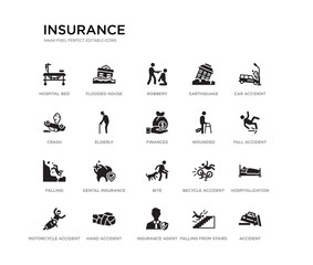 set of 20 black filled vector icons such as accident, hospitalization, fall accident, car accident, falling from stairs, insurance agent, crash, earthquake, robbery, flooded house. insurance black