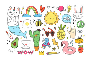 Summer mood. Various doodle elements. Hand drawn colored vector set. Flat design. Trendy style. All elements are isolated