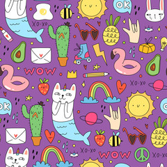Summer mood. Various doodle elements. Flat design. Trendy style. Hand drawn colored vector seamless pattern. Purple background