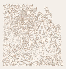 Vector brown colored outline sketch of fairy tale landscape, flowers, small fantasy Water Mill building, river, frog and snail on beige background. T-shirt print.Adults and children Coloring Book page