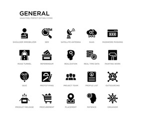 set of 20 black filled vector icons such as organism, outsourcing, painting work, password phishing, patience, placement, road tunnel, saas, satellite antenna, sem. general black icons collection.