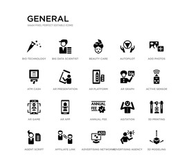 set of 20 black filled vector icons such as 3d modeling, 3d printing, active sensor, add photos, advertising agency, advertising networks, atm cash, autopilot, beauty care, big data scientist.