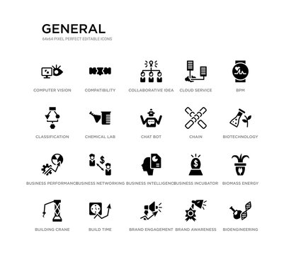 set of 20 black filled vector icons such as bioengineering, biomass energy, biotechnology, bpm, brand awareness, brand engagement, classification, cloud service, collaborative idea, compatibility.