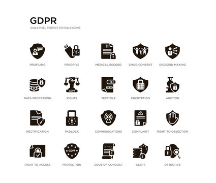 set of 20 black filled vector icons such as detective, right to objection, auction, decision making, alert, code of conduct, data processing, child consent, medical record, pendrive. gdpr black