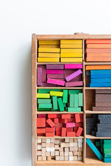 Colourful cuisenaire rods. Mathematics learning aids for students. Mathematical box concepts