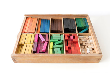 Colourful cuisenaire rods. Mathematics learning aids for students. Mathematical box concepts