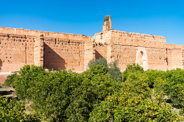 Orange Trees in front of the Ruins of the El Badi Palace in Marrakech Morocco