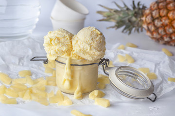 Delicious Stevia with pineapple ice cream in a glass jar decorated