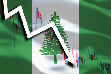 White arrow and stocks fall down on the background of the waving flag of Norfolk Island