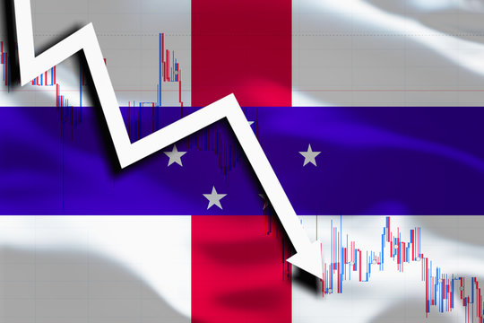 White arrow and stocks fall down on the background of the waving flag of Netherlands Antilles