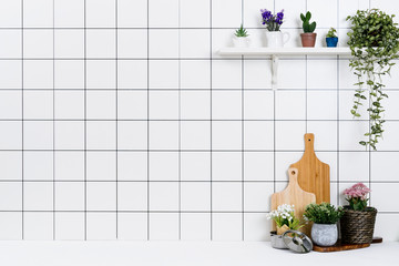 Various kinds of kitchen tools arranged on the white table. And tidy flower pots are placed neatly on the shelf.