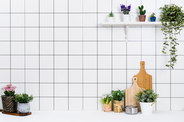 Various kinds of kitchen tools arranged on the white table. And tidy flower pots are placed neatly on the shelf.