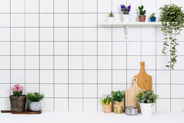 Various kinds of kitchen tools arranged on the white table. And tidy flower pots are placed neatly on the shelf.