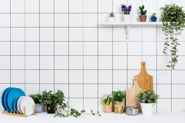 Various kinds of kitchen tools arranged on the white table. And tidy flower pots are placed neatly on the shelf.