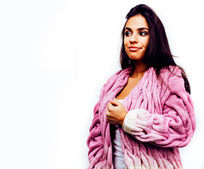 young happy smiling latin american teenage girl emotional posing on white background, lifestyle...