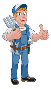 A gardener, handyman or farmer cartoon caretaker contractor man. Holding a garden fork tool and giving a thumbs up